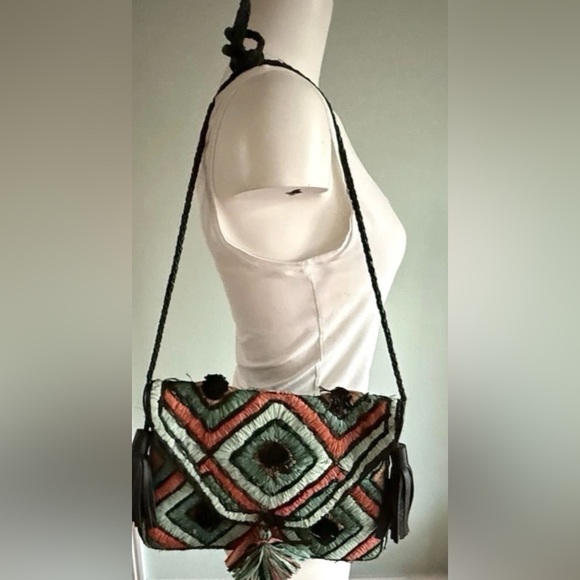 ibBan Handbags - Anthropologie ibBan Handmade Raffia Leather Crossbody Bag Teal Black Tassel
